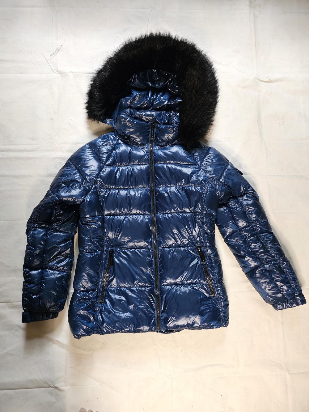Michael Kors Shiny Navy Blue Puffer Jacket with Black Faux Fur Hood